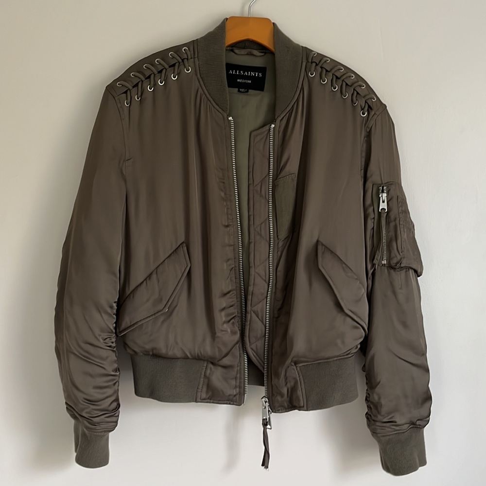 All Saints Bree Dark Sage Green Bomber Jacket Lace detail Medium